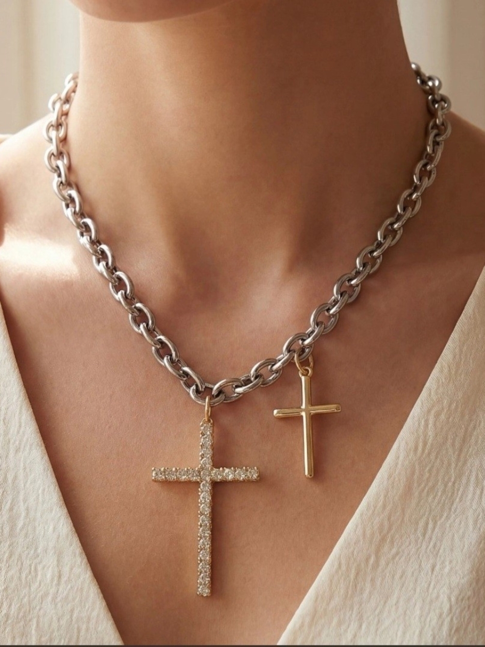 Two-Tone Cross Pendant Necklace - Gold & Silver